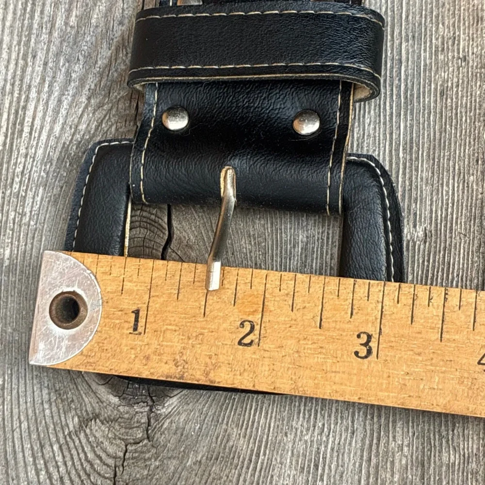 Vintage Wide Black Leather Waist Belt Covered Square Buckle Contrast Stitching